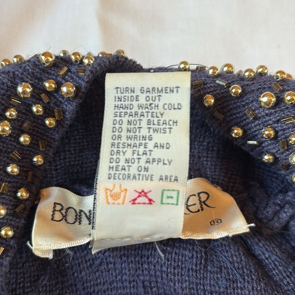 Vtg 80s Bonnie Boerer & Company Beaded Navy Blue Cowl Neck Sweater - Picture 7 of 9